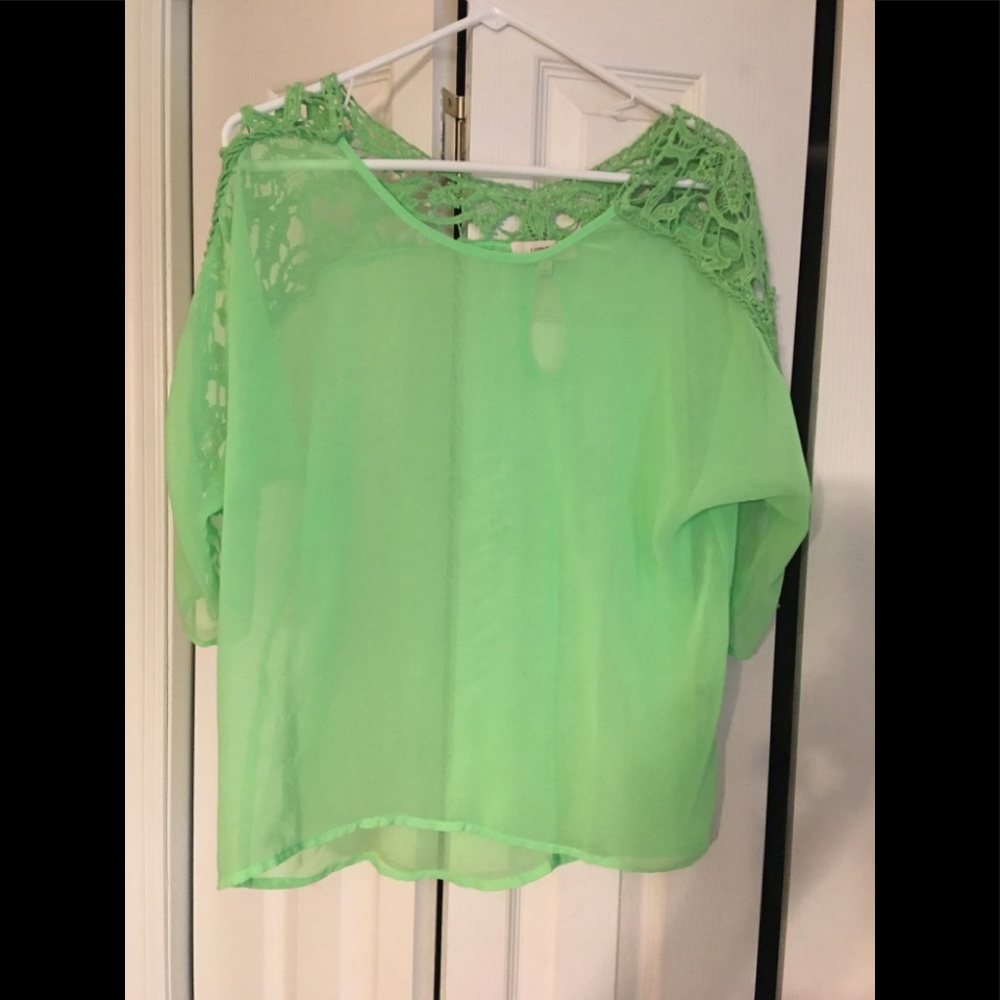 Lime green blouse with crochet sleeves